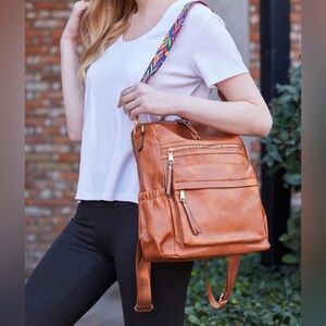 Faux Leather Tan Convertible Backpack Purse with Colorful Guitar Strap